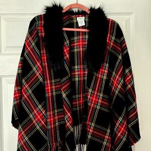 J. Crew faux fur collar lined Christmas plaid shawl. One size